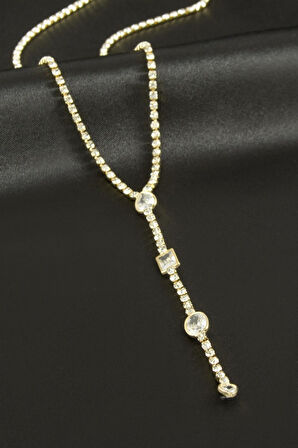 Oval Şerit Taşlı Çelik Y Kolye