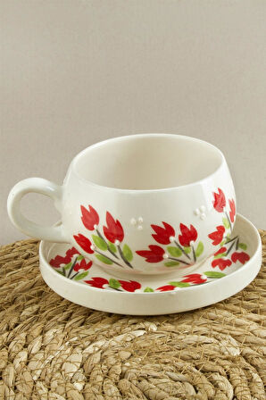 Çiçek Desenli Seramik Tabaklı Kupa