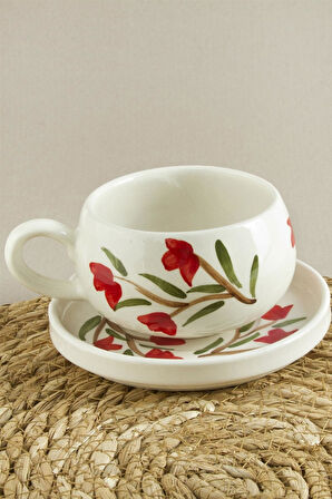 Çiçek Desenli Seramik Tabaklı Kupa