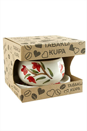 Çiçek Desenli Seramik Tabaklı Kupa