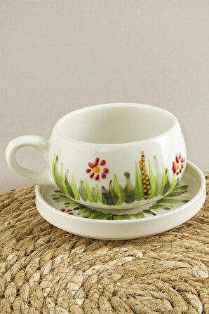 Papatya Desenli Seramik Tabaklı Kupa