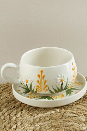 Papatya Desenli Seramik Tabaklı Kupa