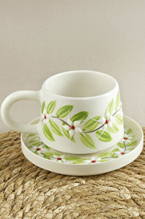 Yaprak Desenli Seramik Tabaklı Kupa