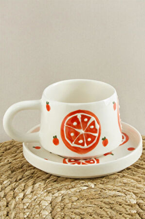 Portakal Desenli Seramik Tabaklı Kupa