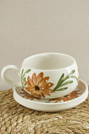 Çiçek Desenli Seramik Tabaklı Kupa