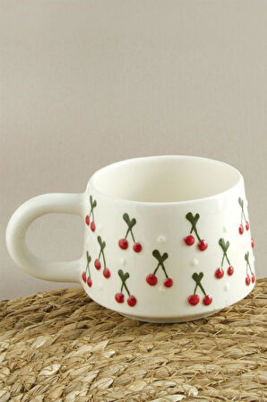 Kiraz Desenli Seramik Kupa