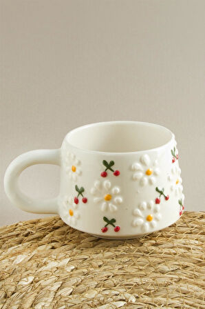 Papatya Kiraz Desenli Seramik Kupa