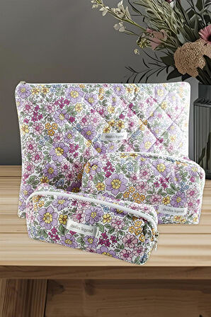 Çiçek Desenli Kalem Makyaj Labtop Bilgisayar Set Çantası