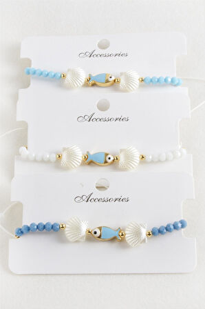 Balık İstiridye İnci Kristal Makrome İp Bileklik