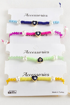 Kalp İnci Fimo Kristal Makrome İp Bileklik