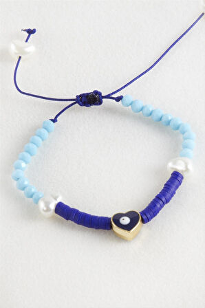 Kalp İnci Fimo Kristal Makrome İp Bileklik