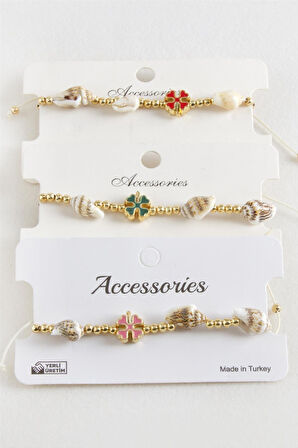 Yonca Deniz Kabuğu İnci Makrome İp Bileklik