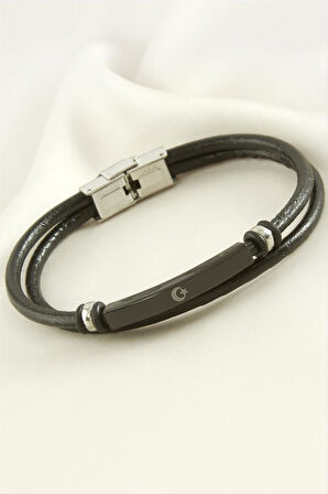 Ay Yıldız Deri Çelik Bileklik