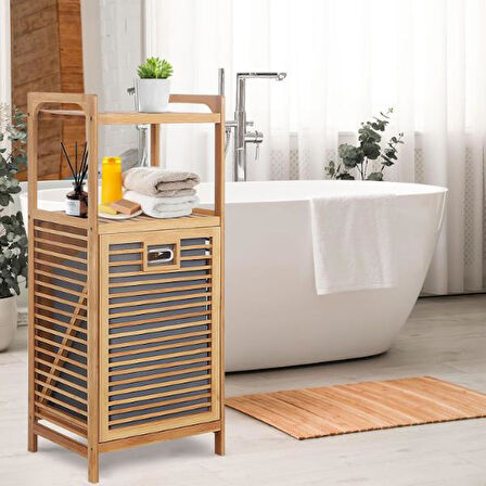 2 Organizer Raflı Ahşap Bambu Çek-Aç Kirli Sepeti