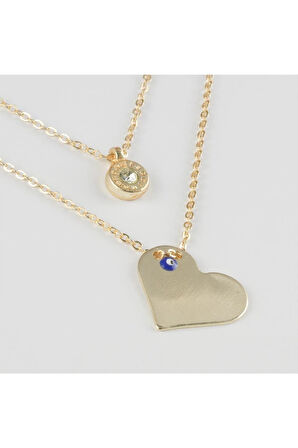 Kalp Figürlü Nazarlı Plaka İkili Kolye