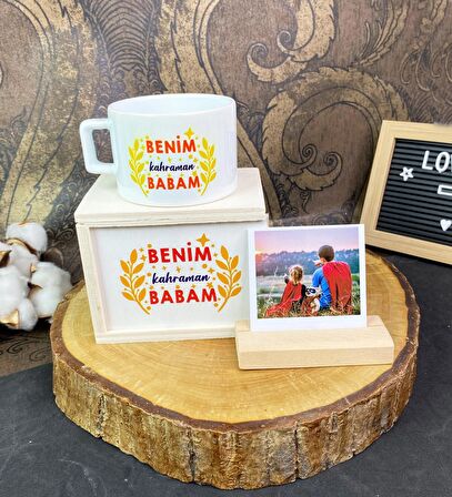 Benim Kahraman Babam Tasarımlı Kutulu Kupa Ve Ahşap Fotoğraf Tutucu Set