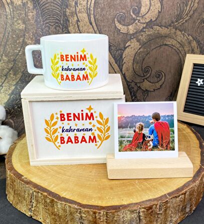 Benim Kahraman Babam Tasarımlı Kutulu Kupa Ve Ahşap Fotoğraf Tutucu Set