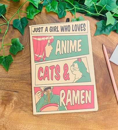 Anime Cats & Ramen Tasarımlı Dönüşümlü Kraft Defter