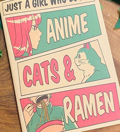 Anime Cats & Ramen Tasarımlı Dönüşümlü Kraft Defter