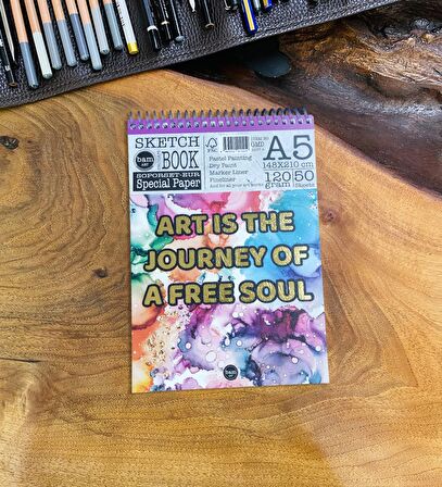 A5 Sketch Book - Eskiz Defteri - Spiralli Tutuş / Grenli Sert Tasarım Kapak
