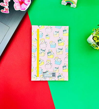 Kutu Kutu Kedi Tasarımlı Lastikli Defter	