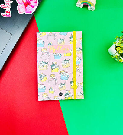 Kutu Kutu Kedi Tasarımlı Lastikli Defter	