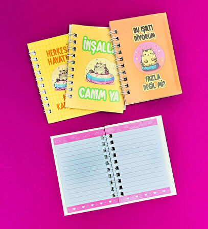 Mini 4'lü Kedi Mottolu Spiralli Defter