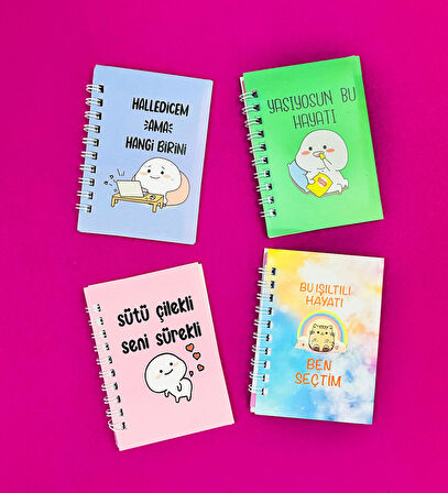Mini 4'lü Mottolu Spiralli Defter 