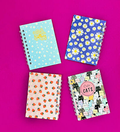 Mini 4'lü Renkli Desenli Spiralli Defter 