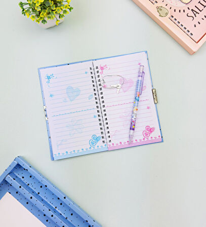 Sevimli Desenli Kilitli Defter ve Kalem Seti