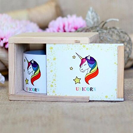 Ahşap Kutusunda Unicorn Tasarımlı Kupa Bardak