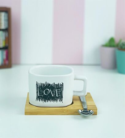 Love Siyah Çizgili Tasarımlı Ahşap Standlı Kupa