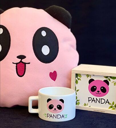 Pembe Panda Tasarımlı Kutulu Kupa Ve Yastık Set