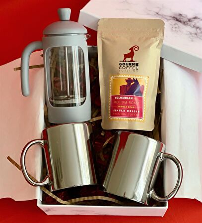Çift Gümüş Kupa French Press & Filitre Kahve Sevgiliye Hediye Seti