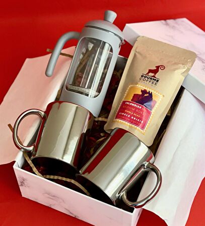 Çift Gümüş Kupa French Press & Filitre Kahve Sevgiliye Hediye Seti