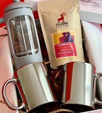 Çift Gümüş Kupa French Press & Filitre Kahve Sevgiliye Hediye Seti