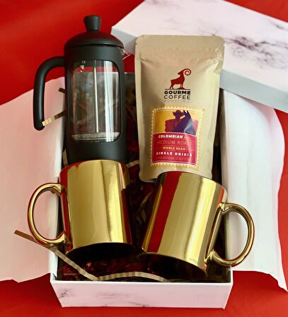 Çift Gold Kupa French Press & Filitre Kahve Sevgiliye Hediye Seti
