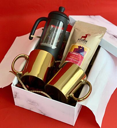 Çift Gold Kupa French Press & Filitre Kahve Sevgiliye Hediye Seti