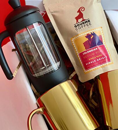 Çift Gold Kupa French Press & Filitre Kahve Sevgiliye Hediye Seti