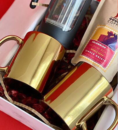 Çift Gold Kupa French Press & Filitre Kahve Sevgiliye Hediye Seti