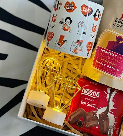 Girl Gang Tasarımlı Kupa Elmas Balon Gece Lambası Filtre Kahve Ve Çikolata Hediye Seti