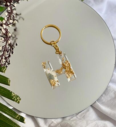 Özel Gerçek Kurutulmuş Çiçekli Gold Epoksi Anahtarlık