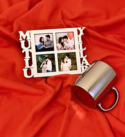 Mutlu Yıllar 4 Fotoğraf Standlı Mdf Gümüş Çerçeve Ve Gümüş Kupa Set