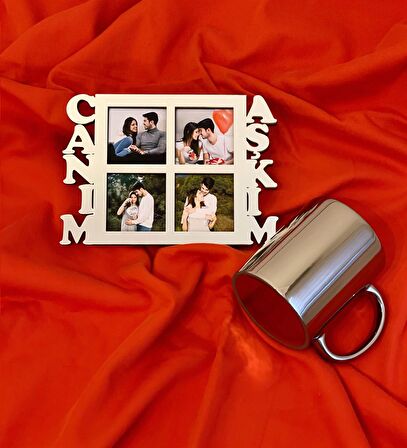 Canım Aşkım 4 Fotoğraf Standlı Mdf Gümüş Çerçeve Ve Gümüş Kupa Set