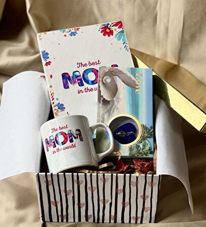 The Best Mom Tasarımlı Kupa Sert Kapaklı Defter Ve İnci Kolye Anneler Günü Hediye Seti
