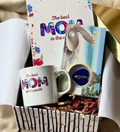 The Best Mom Tasarımlı Kupa Sert Kapaklı Defter Ve İnci Kolye Anneler Günü Hediye Seti