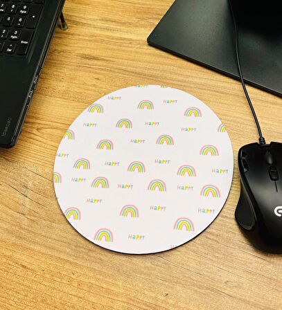 Happy Gökkuşağı Tasarımlı Oval Mouse Pad	