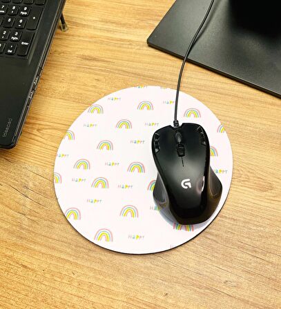 Happy Gökkuşağı Tasarımlı Oval Mouse Pad	