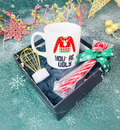 You're Ugly Tasarımlı Kupa Baston Şeker Ve Mini Balon Gece Lambası Yılbaşı Seti