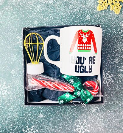 You're Ugly Tasarımlı Kupa Baston Şeker Ve Mini Balon Gece Lambası Yılbaşı Seti